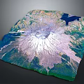 Detailed Volcanic Terrain 3D Model With Snowy Crater Lava Flows Green Vegetation And Blue Water