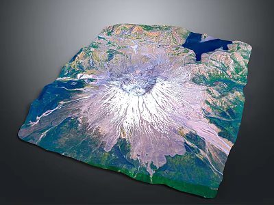 Detailed Volcanic Terrain 3D Model With Snowy Crater Lava Flows Green Vegetation And Blue Water 3d model