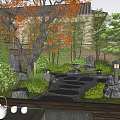 Traditional Courtyard Garden With Autumn Trees Greenery Walls Stone Pathways And Lanterns