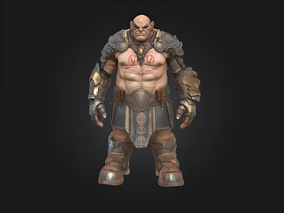 Muscular Bald Warrior With Metal Armor And Red Chest Symbol Against Dark Background 3d model