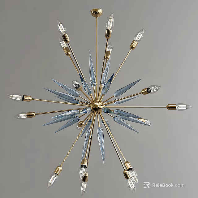 Star Shaped Golden Metal Chandelier With Blue Crystal Decorative Accents And Modern Design 3d model 