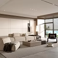 Modern Living Room Interior With White Sofa Black Chair Coffee Table Large Windows Rug Minimalist Design