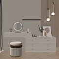 Elegant White Dressing Table With Round Mirror Stool Plant And Pendant Lights 3d model