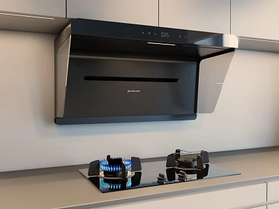 Modern Kitchen With Black Range Hood Gas Stove And Kitchen Appliances 3d model