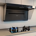 Modern Kitchen With Black Range Hood Gas Stove And Kitchen Appliances