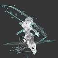 Futuristic Game Character In Mechanical Armor Dynamic Pose With Energy Bow And Blue Lightning