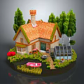 Cartoon Scene With Small House Red Roof Chimney Green Trees Red Flowers Glasshouse And Pink Boat