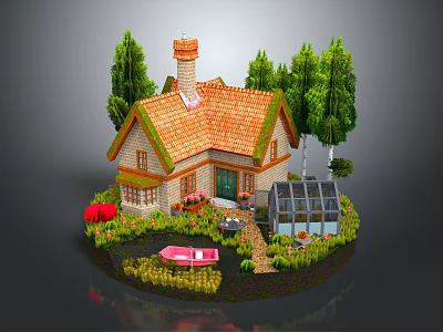 Cartoon Scene With Small House Red Roof Chimney Green Trees Red Flowers Glasshouse And Pink Boat 3d model