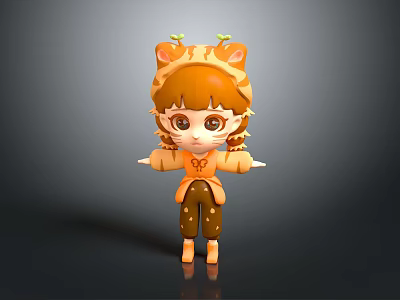 3D Cartoon Style Little Girl Character With Tiger Ears And Orange Striped Outfit 3d model