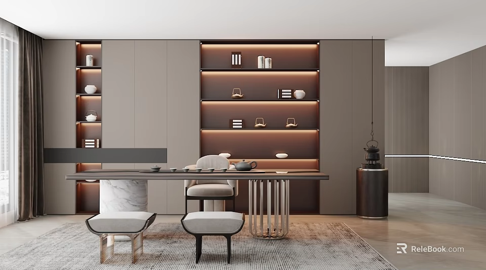 Modern Study Room Interior Design With Built-in Bookshelves Marble Desk And LED Strip Lights 3d model 