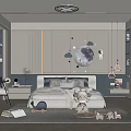 Kids Bedroom With Moon Cloud Star Wall Decor Stuffed Toys Bed And Bookshelf