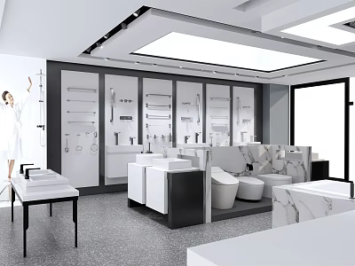 Bathroom Products Showroom With Marble Vanities Toilets And Display Cabinets 3d model