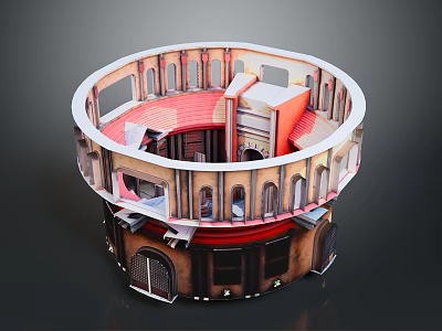 Detailed Round Architectural Model With Red Brown Exterior And Arched Windows 3d model