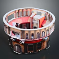 Detailed Round Architectural Model With Red Brown Exterior And Arched Windows
