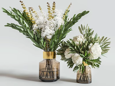 Elegant Glass Vases with White Blooms Green Leaves and Golden Accents 3d model