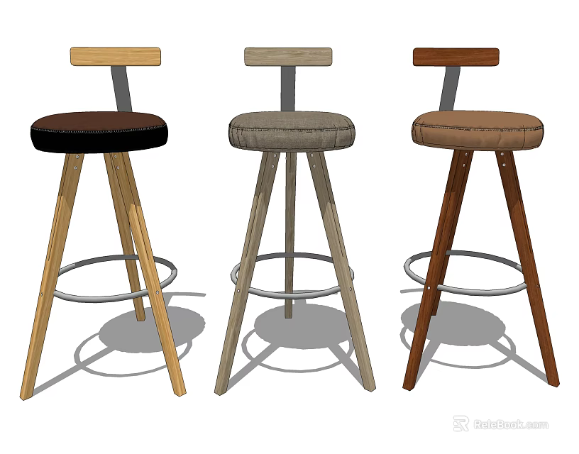 Three Stylish Bar Stools With Different Colored Upholstered Seats And Wooden Frames 3d model 