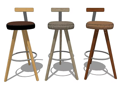 Three Stylish Bar Stools With Different Colored Upholstered Seats And Wooden Frames 3d model