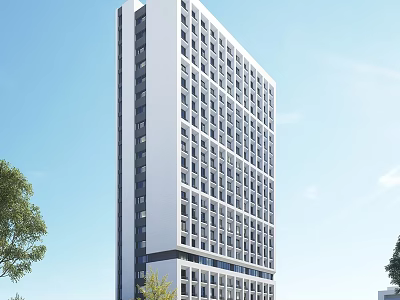 Modern Tall School Building With Numerous Windows Surrounded By Trees And Blue Sky 3d model