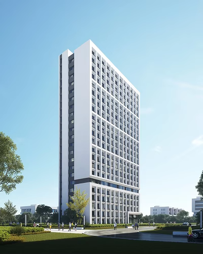 Modern Tall School Building With Numerous Windows Surrounded By Trees And Blue Sky 3d model