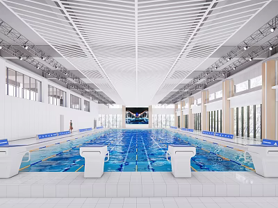 Indoor Swimming Pool Featuring Blue Water White Tiles Modern Ceiling Lighting And Large Screen 3d model