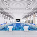 Indoor Swimming Pool Featuring Blue Water White Tiles Modern Ceiling Lighting And Large Screen