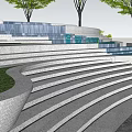 Modern Curved Outdoor Stairs Design With Trees Grass Water Feature And Paved Landscape