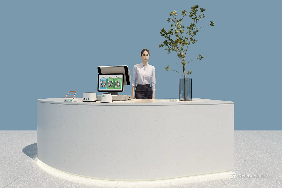 Modern White Curved Reception Desk With Female Receptionist Open Laptop Green Plant And Black Vase 3d model 