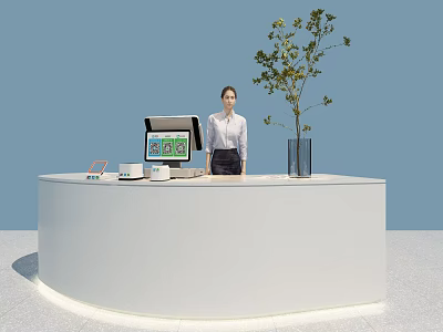 Modern White Curved Reception Desk With Female Receptionist Open Laptop Green Plant And Black Vase 3d model