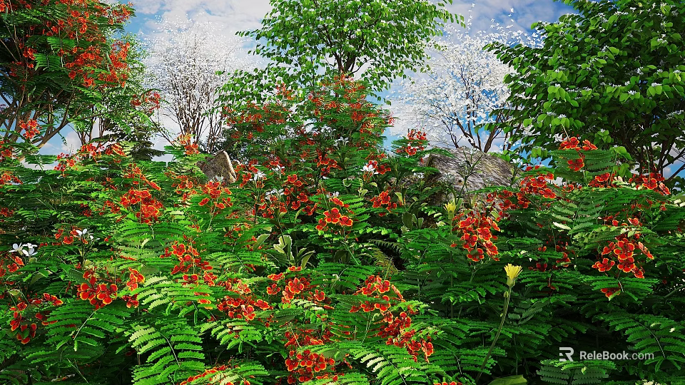 Vibrant Blooming Flowers And Lush Green Plants In Natural Garden Setting With Fresh Foliage 3d model 
