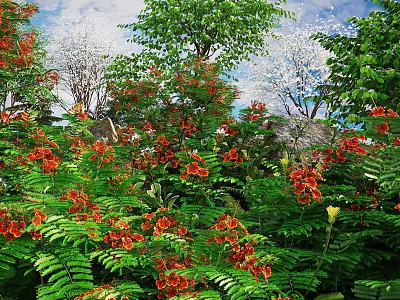 Vibrant Blooming Flowers And Lush Green Plants In Natural Garden Setting With Fresh Foliage 3d model