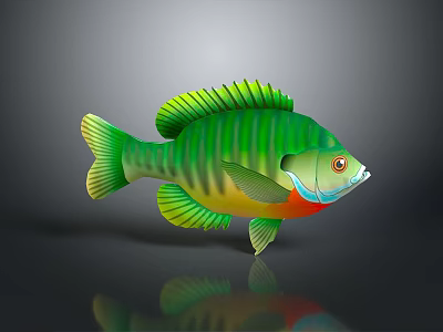 Colorful Green Striped Aquatic Fish with Vibrant Green Fins and Red Belly 3d model