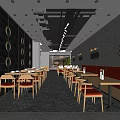 Modern Restaurant With Orange Booths Wooden Tables Black Walls Circular Decorations And Ceiling Lights