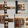 Modern Elegant Shoe Cabinet With Clothing Hangers Open Shelves And Lighting Design