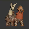 Clay Sculptures Featuring Llama and Flute Playing Figure with Orange Attire and Textured Patterns