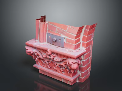 Ornate Red Brick Fireplace With Intricate Carved Decorations And Metal Accents 3d model