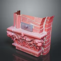 Ornate Red Brick Fireplace With Intricate Carved Decorations And Metal Accents