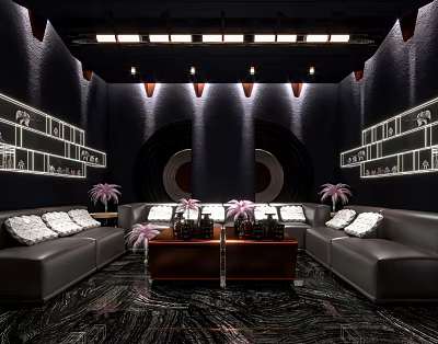 KTV Interior Design With Leather Sofas Coffee Tables And Decorative Wall Lights 3d model