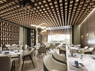 Modern Restaurant Interior With Wooden Grid Ceiling White Dining Chairs And Pendant Lights 3d model