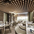 Modern Restaurant Interior With Wooden Grid Ceiling White Dining Chairs And Pendant Lights