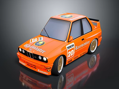 Orange Two Door Race Car With Sponsor Logos And Racing Design Elements 3d model