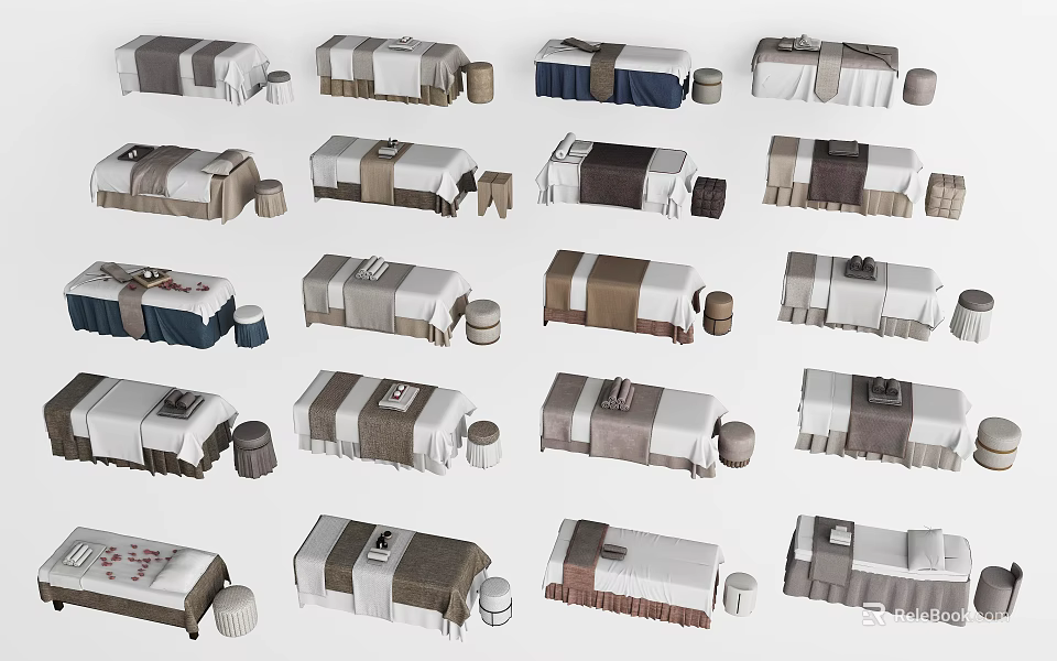 Multiple Massage Beds With Various Styles Linen Covers And Small Stools 3d model