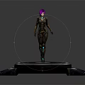 Game Movie Character With Purple Hair Black Bodysuit And Blue Glowing Details On Circular Platform