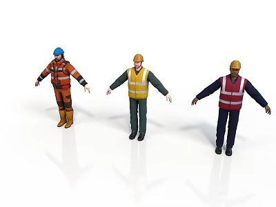 Men in Work Uniforms with Safety Helmets and Colored Reflective Vests Standing 3d model