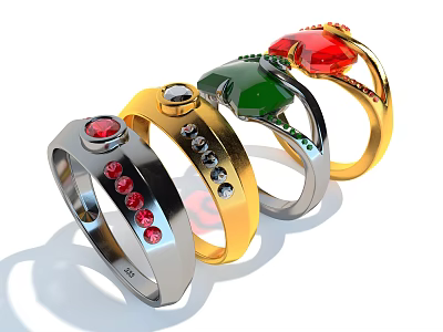 Stylish Jewelry Rings With Colorful Gemstones And Various Metal Bands For Collection 3d model