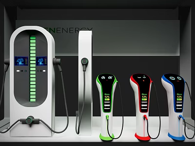 Modern Electric Vehicle Charging Station With Colorful Charging Guns And Digital 3d model