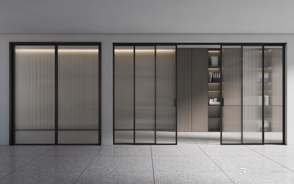 Modern Interior Sliding Doors With Glass Panels And Black Frames In Contemporary Room With Bookshelves 3d model 