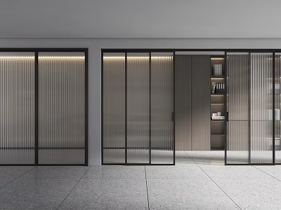 Modern Interior Sliding Doors With Glass Panels And Black Frames In Contemporary Room With Bookshelves 3d model
