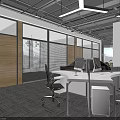 Modern Public Office Space with Open Layout Desks Ergonomic Chairs Windows Blinds and Ceiling Lights