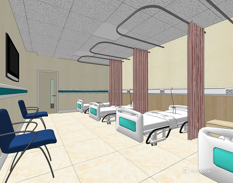 Hospital Ward Interior With Multiple Beds Blue Chairs TV And Tile Floor 3d model 
