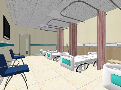 Hospital Ward Interior With Multiple Beds Blue Chairs TV And Tile Floor 3d model